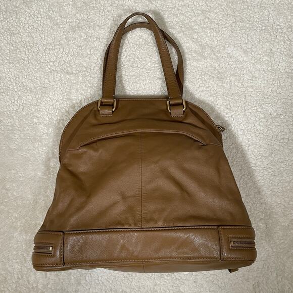 Talbots Tan Leather Satchel Handbag Large Pebbled Multi Zip Compartments NWOT - Picture 3 of 11